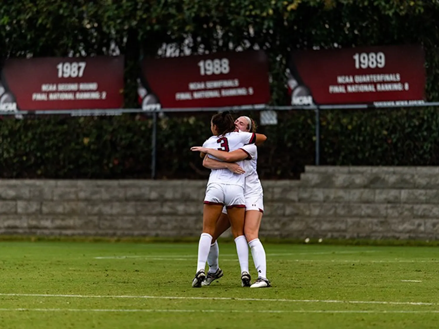 Members of the women's soccer team celebrate after a goal in an earlier 2020 season game against Missouri. The Gamecocks beat the Tigers Tuesday night to advance to the SEC Tournament semifinals.