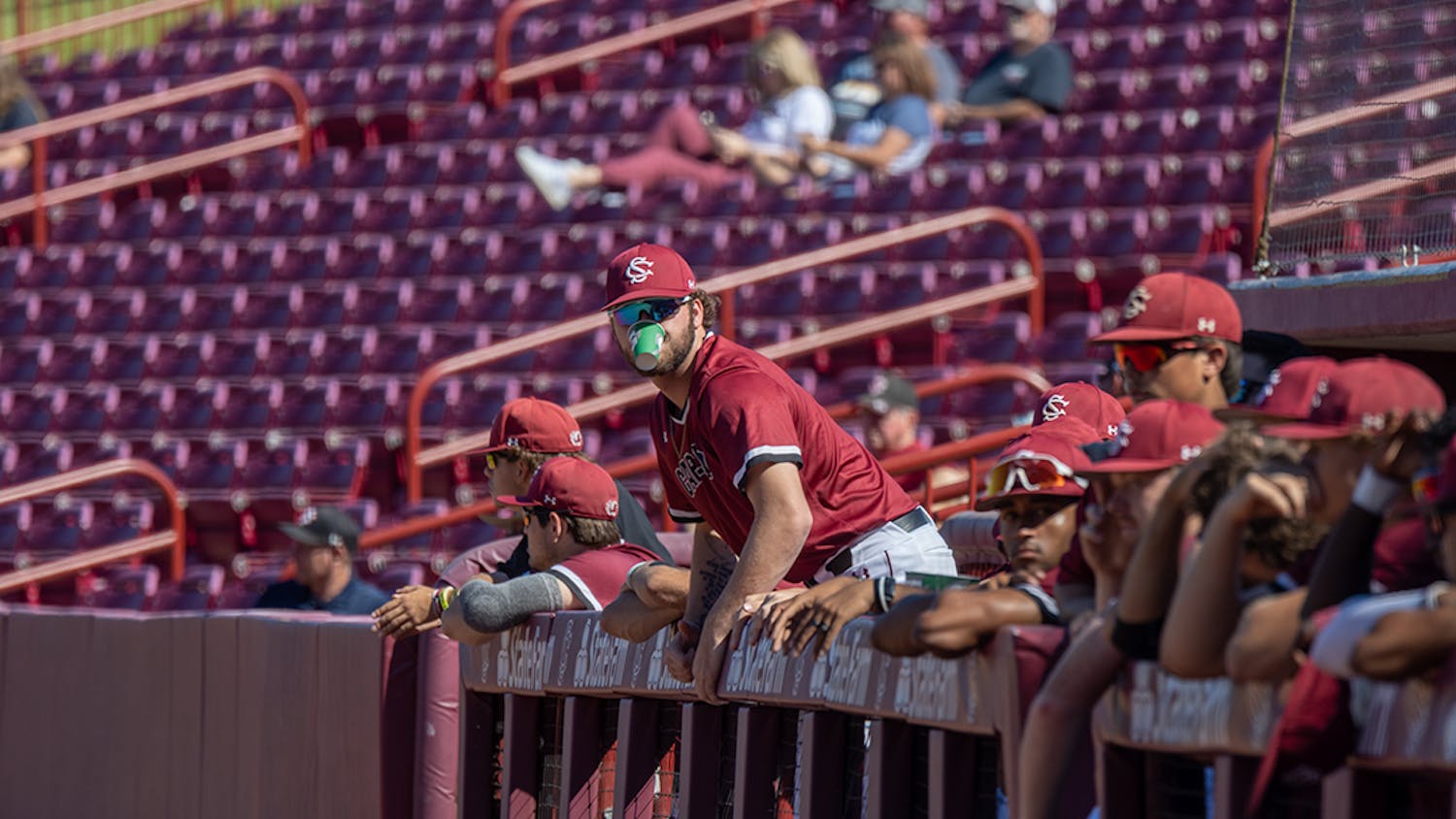 FILE—The Gamecocks in the dugout during the first scrimmage against UNCW at Founders Park on Oct. 23, 2021. The Gamecocks tied the first and won the second scrimmage.