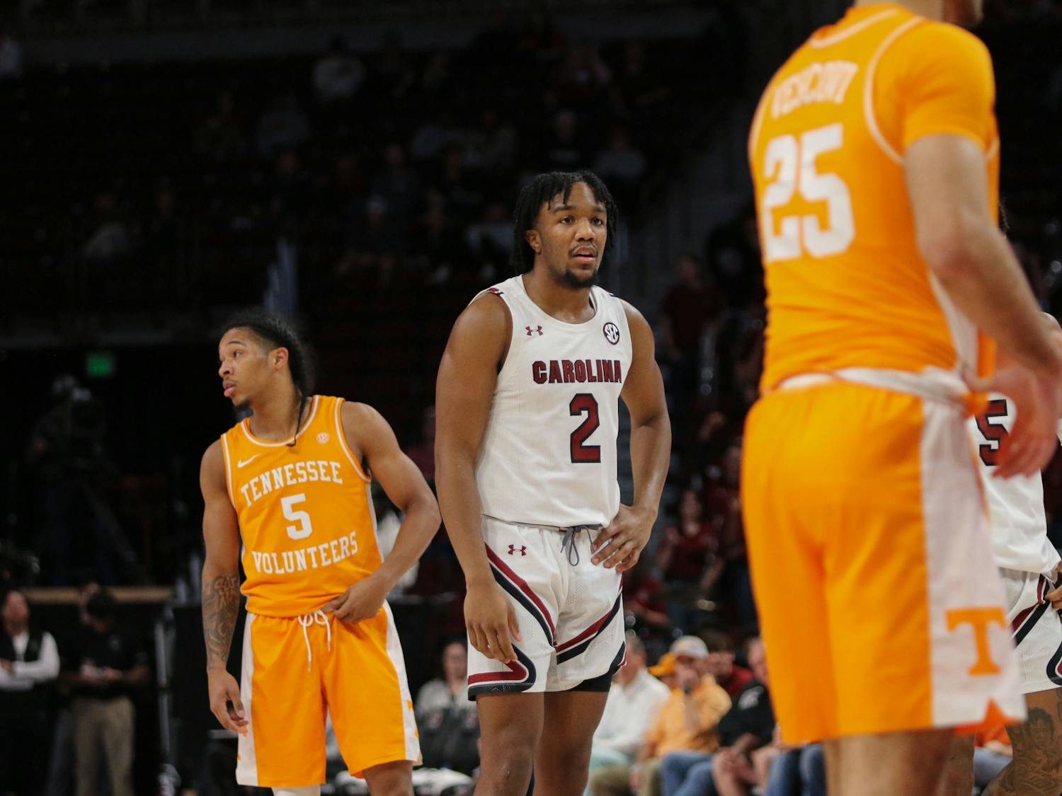 Senior guard Chico Carter Jr. prepares to shoot a free throw on Jan. 7th, 2023. The Gamecocks lost to Tennessee 42-85.