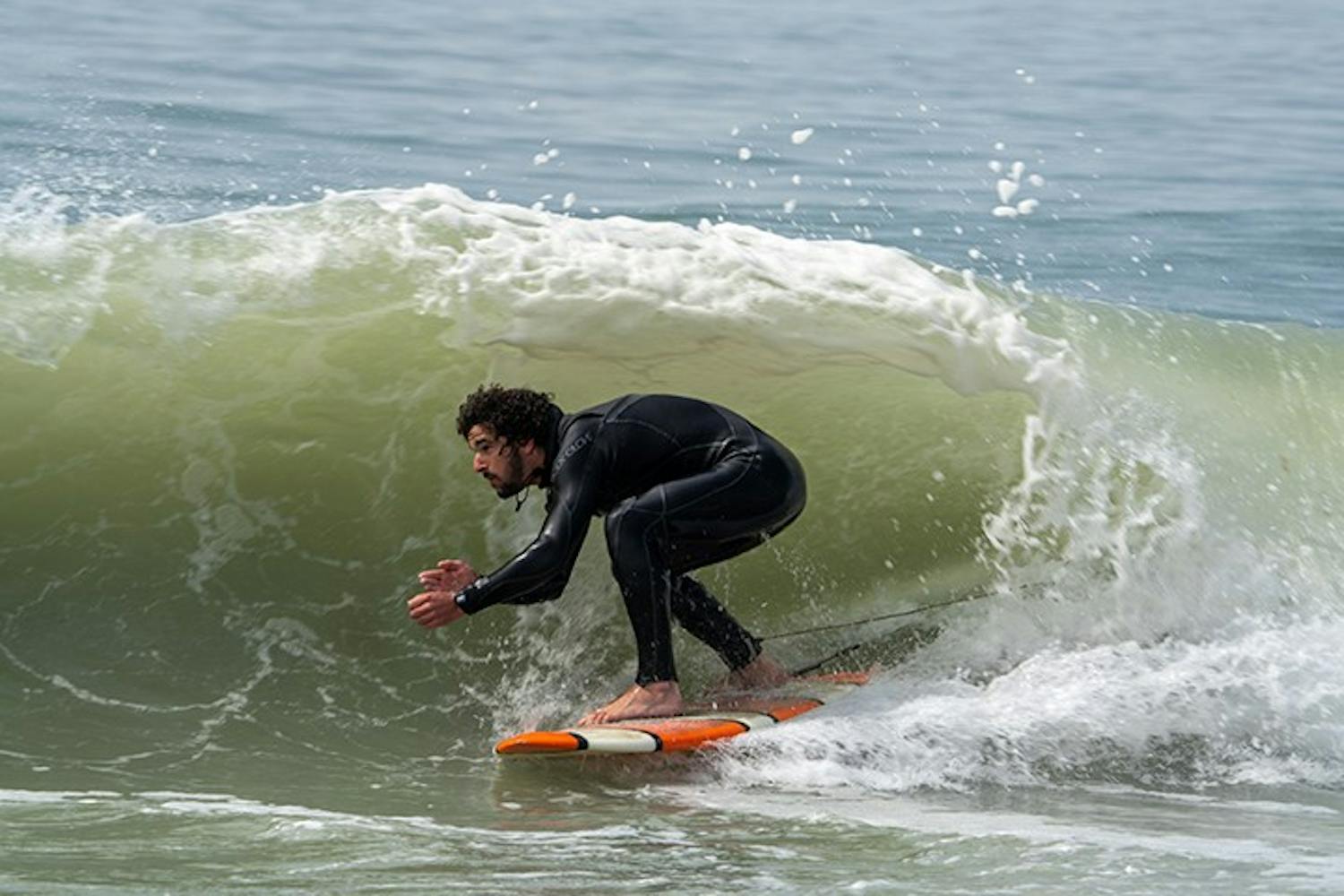 Nick Virga, first-year environmental science student and president of the Carolina Surf Club, catches a wave.&nbsp;