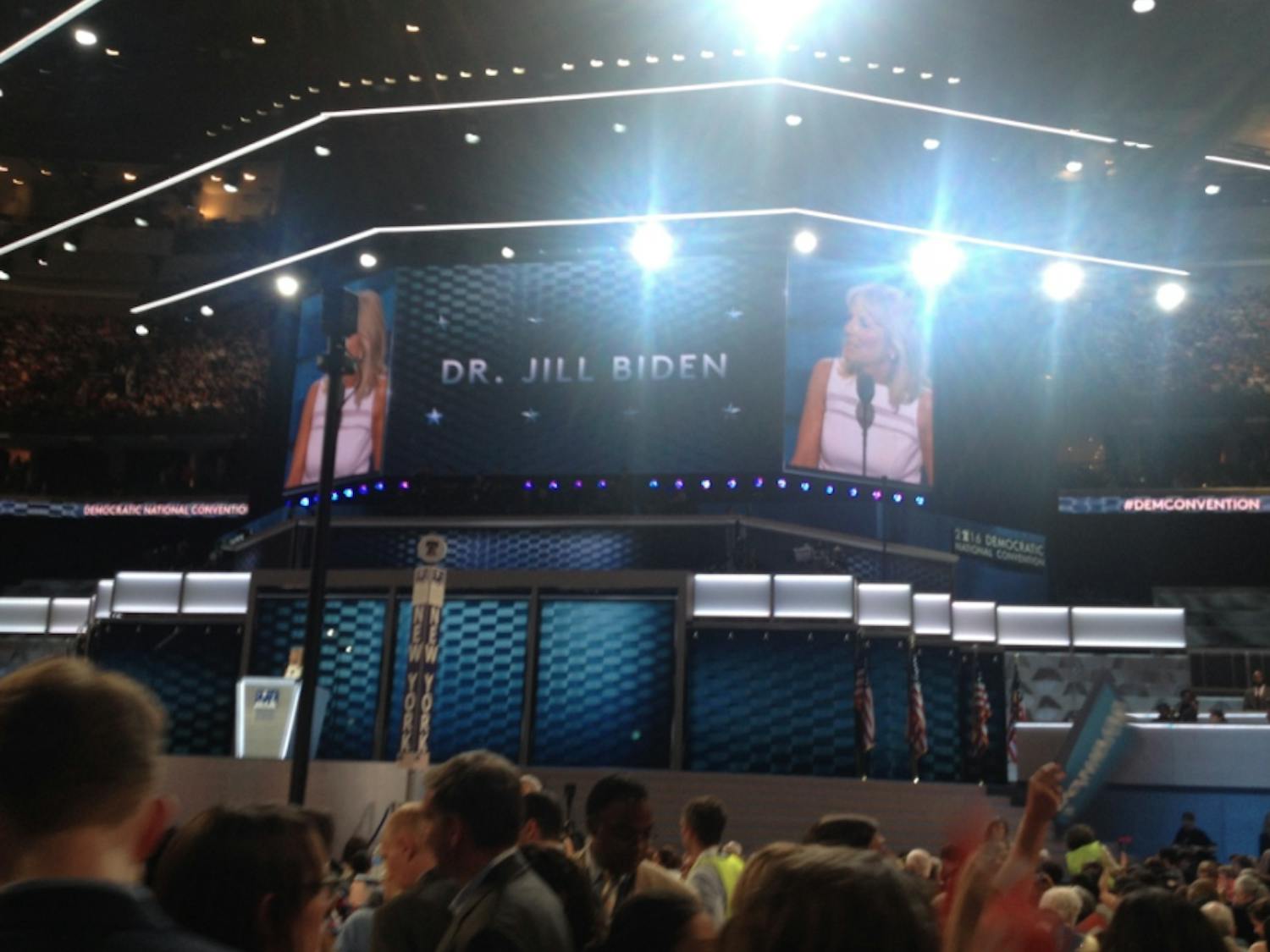 Jill Biden, second lady of the United States, introduces her husband Vice President Joe Biden at the Democratic National Convention in Philadelphia on July 27, 2016.