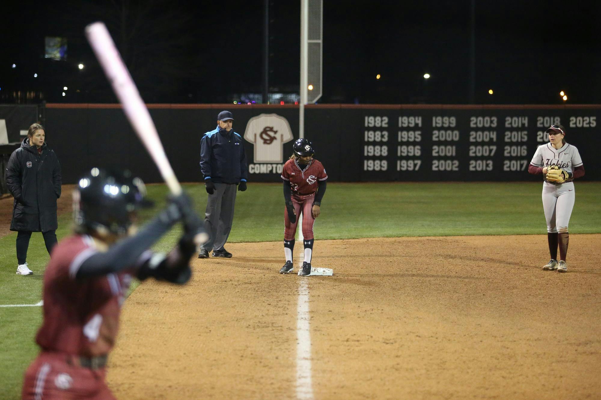 Sophomore outfielder Nia McKnight stands on third base ready to score against Virginia Tech at Carolina Softball Stadium on Feb. 5, 2026. The Gamecocks finished the game with four runs.