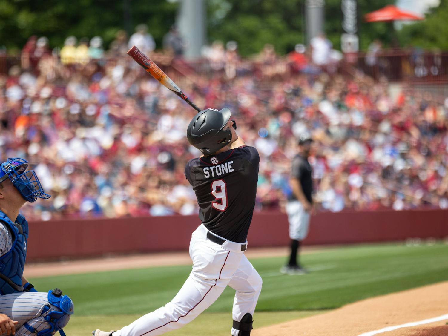 Sophomore outfielder Evan Stone tries to spot a batted ball during the series finale against the Gators on April 22, 2023. With a final score of 7-5, South Carolina won all three games over Florida in the series.