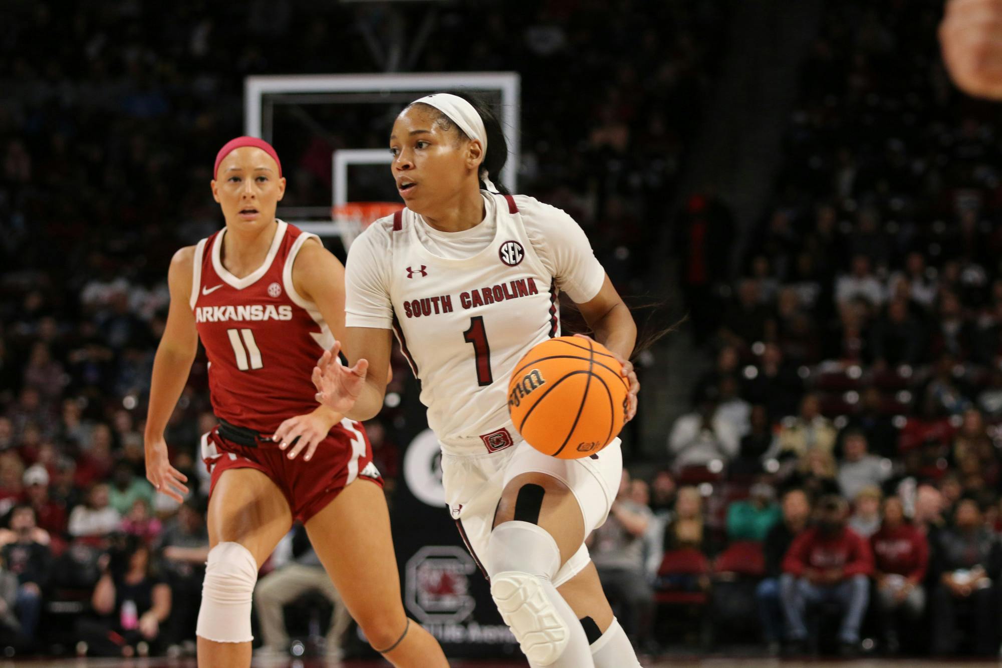 Senior guard Zia Cooke drives the ball downcourt on Jan. 22, 2023. The Gamecocks defeated Arkansas 92-46.&nbsp;