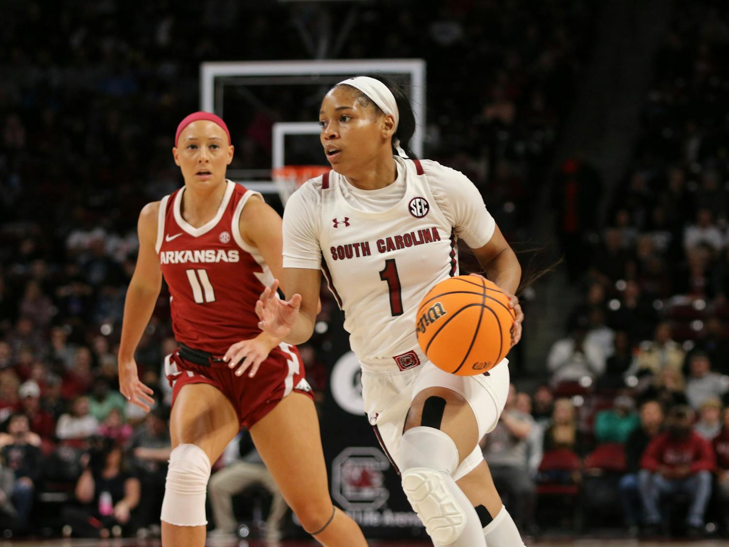 Senior guard Zia Cooke drives the ball downcourt on Jan. 22, 2023. The Gamecocks defeated Arkansas 92-46.&nbsp;
