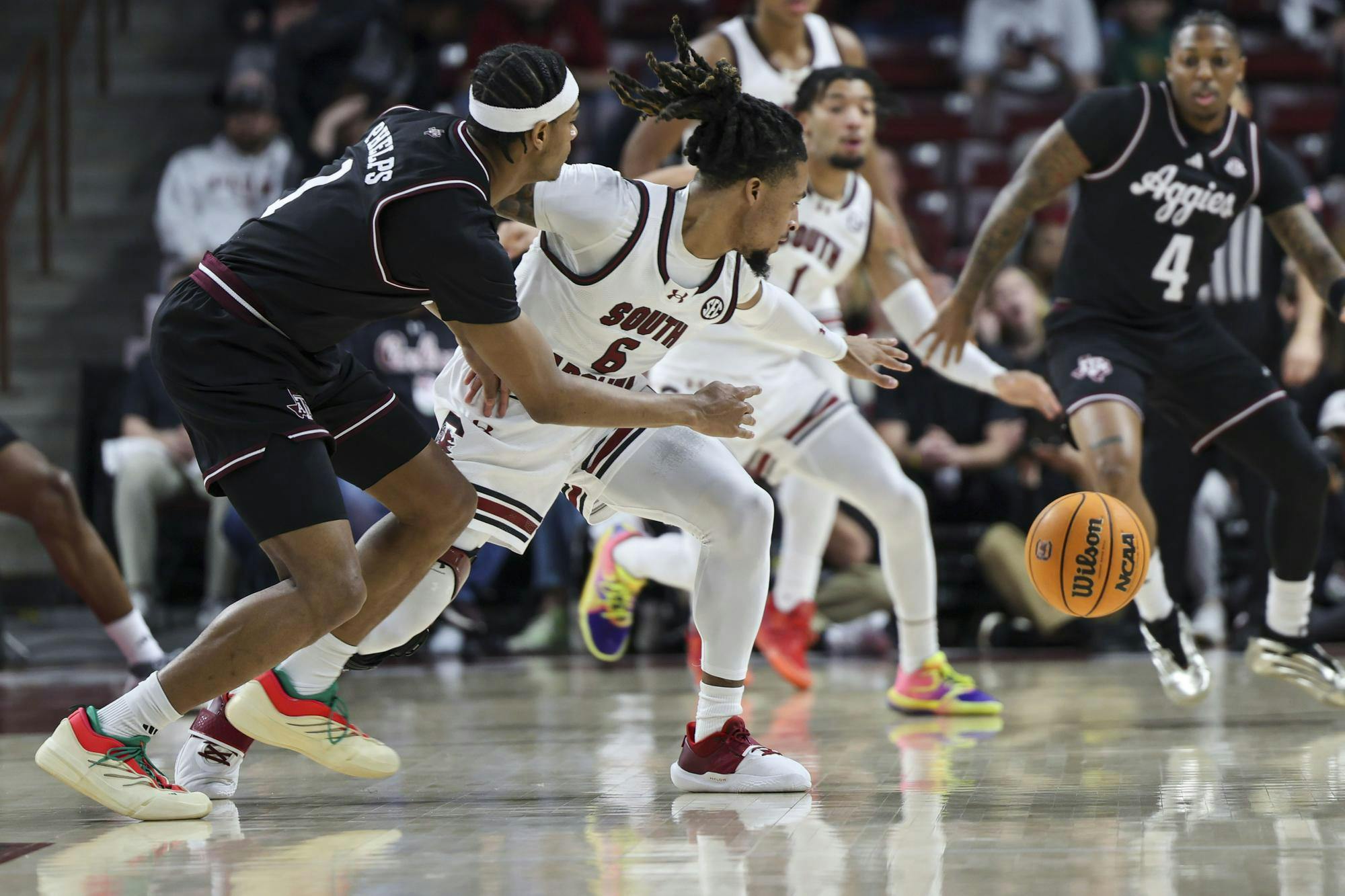 Former Gamecock guard Jamarii Thomas defends the ball during the Gamecocks’ matchup against Texas A&amp;M at Colonial Life Arena on Feb. 1, 2025. Thomas contributed 15 points for the Gamecocks during their 76-72 loss to the Aggies.