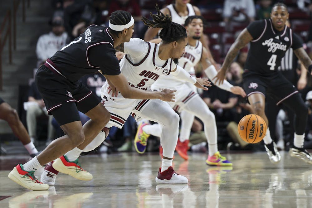 <p>Former Gamecock guard Jamarii Thomas defends the ball during the Gamecocks’ matchup against Texas A&amp;M at Colonial Life Arena on Feb. 1, 2025. Thomas contributed 15 points for the Gamecocks during their 76-72 loss to the Aggies.</p>