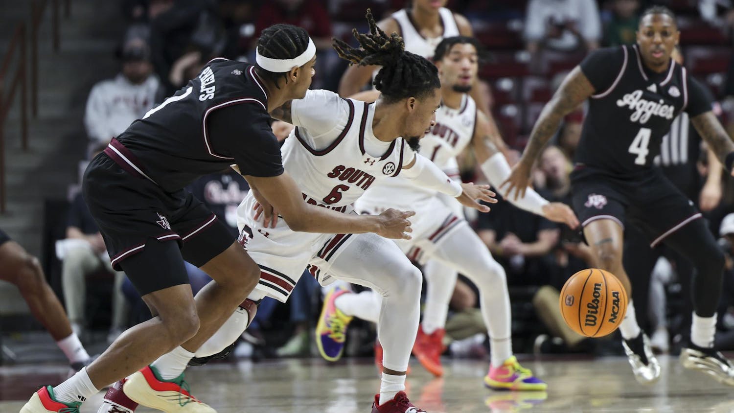 Former Gamecock guard Jamarii Thomas defends the ball during the Gamecocks’ matchup against Texas A&M at Colonial Life Arena on Feb. 1, 2025. Thomas contributed 15 points for the Gamecocks during their 76-72 loss to the Aggies.