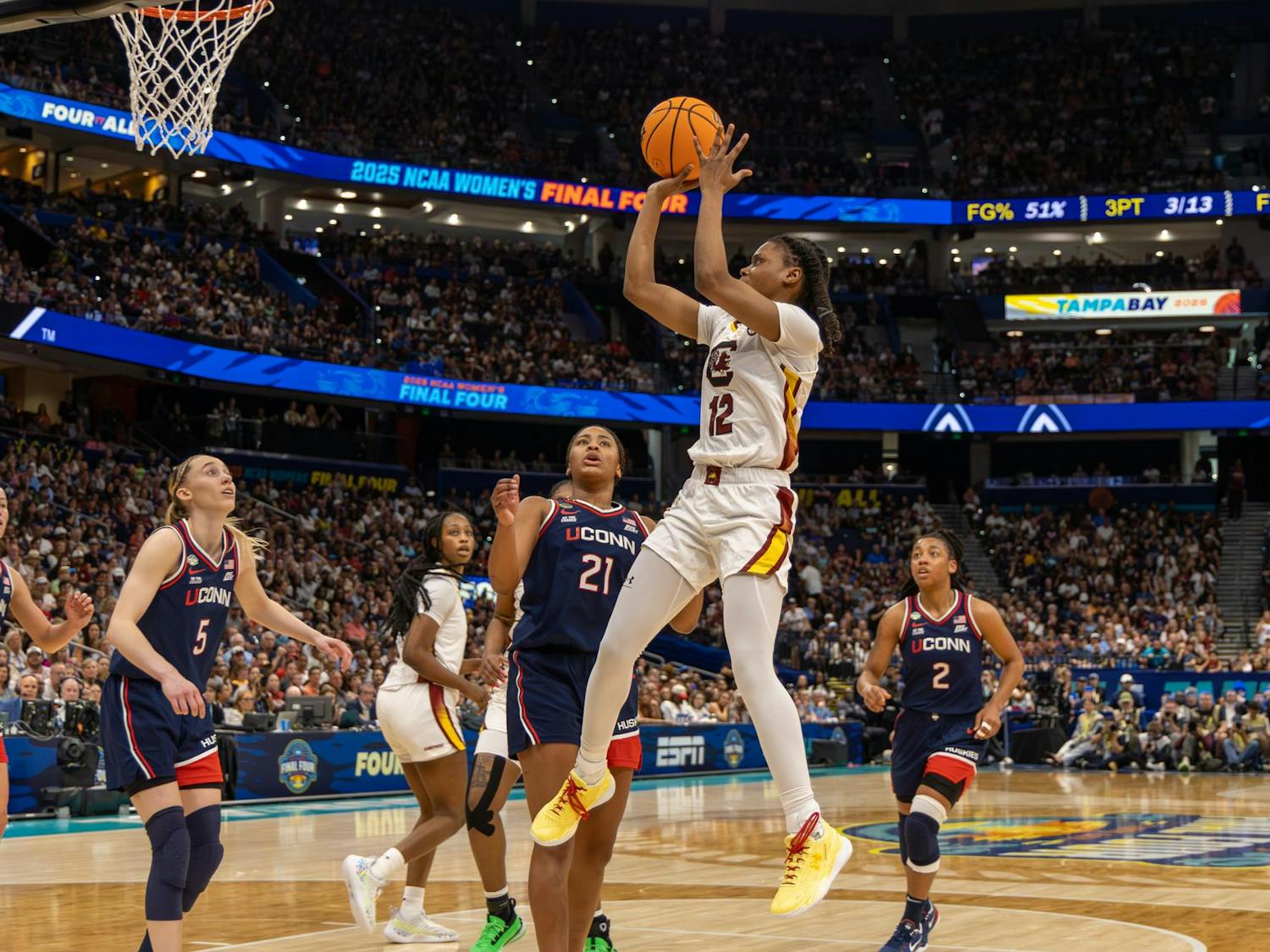 Sophomore guard MiLaysia Fulwiley attemps a midrange shot during the National Championship game against UConn on April 6, 2025 at Amalie Arena. Fulwiley scored 9 points and got two rebounds for the Gamecocks.