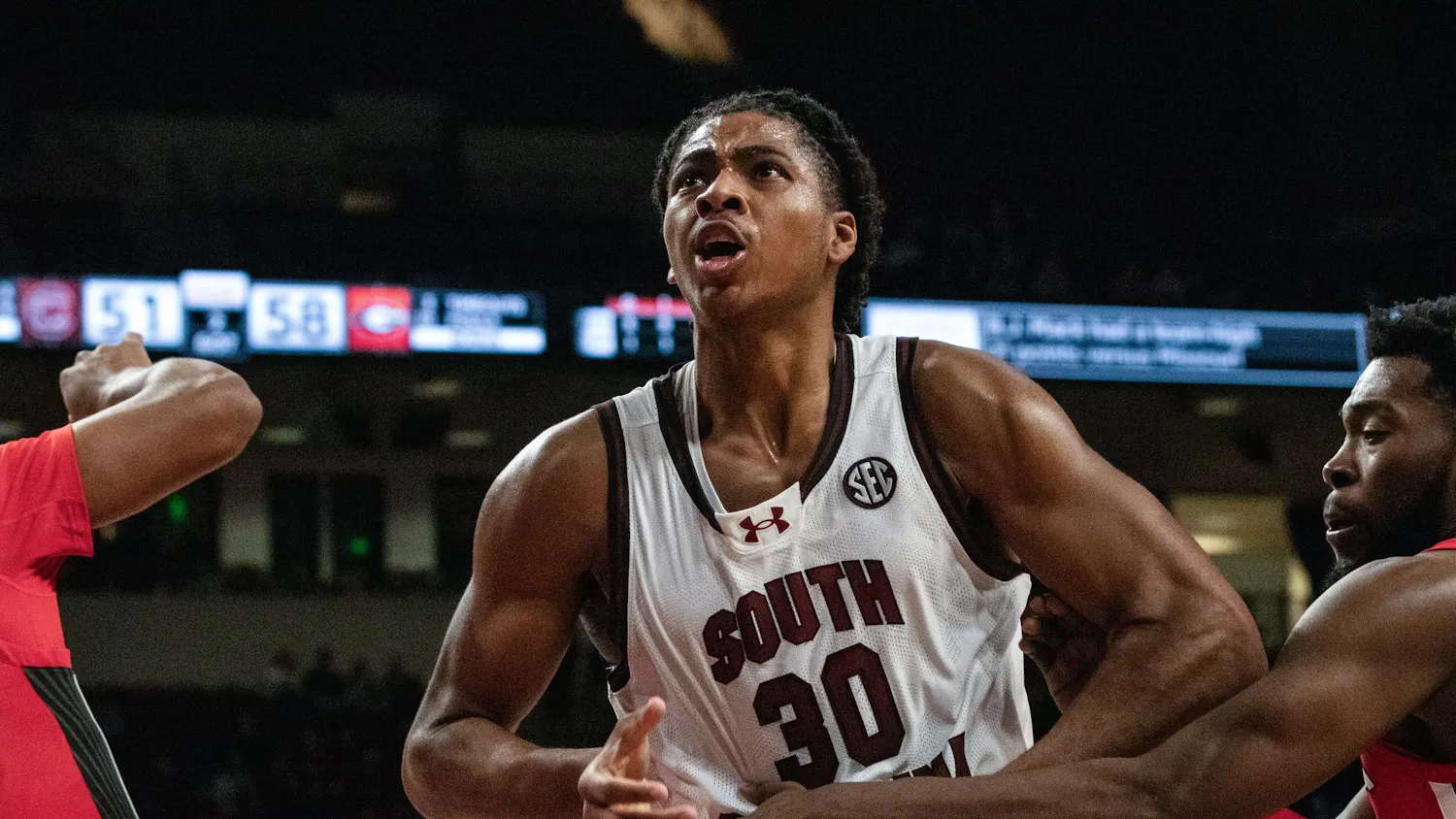 FILE - Freshman forward Collin Murray-Boyles battles under the net during South Carolina's game against Georgia at Colonial Life Arena on Jan. 16, 2024. Murray-Boyles had six rebounds and two assists during the Gamecocks' 74-69 loss to the Bulldogs.