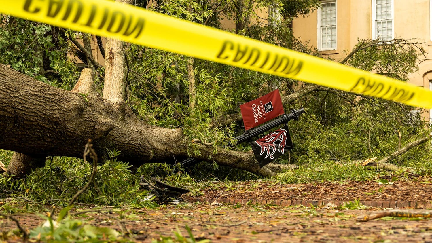 FILE — A fallen tree outside DeSaussure Hall with caution tape around it on the University of South Carolina Horseshoe on Sept. 27, 2024. Trees and other debris were scattered across campus after Hurricane Helene made landfall.