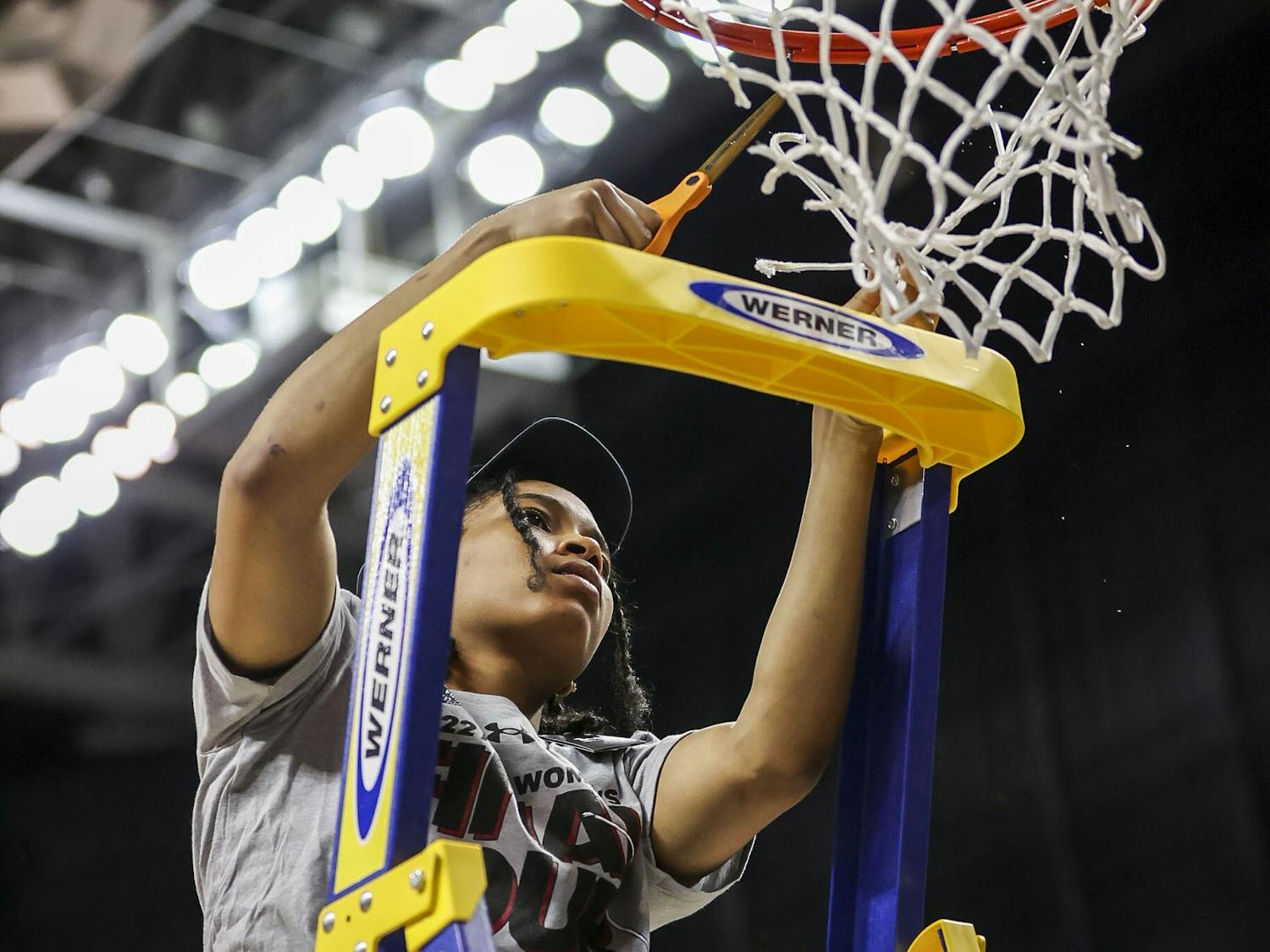 Junior guard Zia Cooke cuts the net after South Carolina's 80-50 victory over Creighton in the Elite Eight on Sunday, March 27, 2022. The win propelled the team to the Final Four.&nbsp;