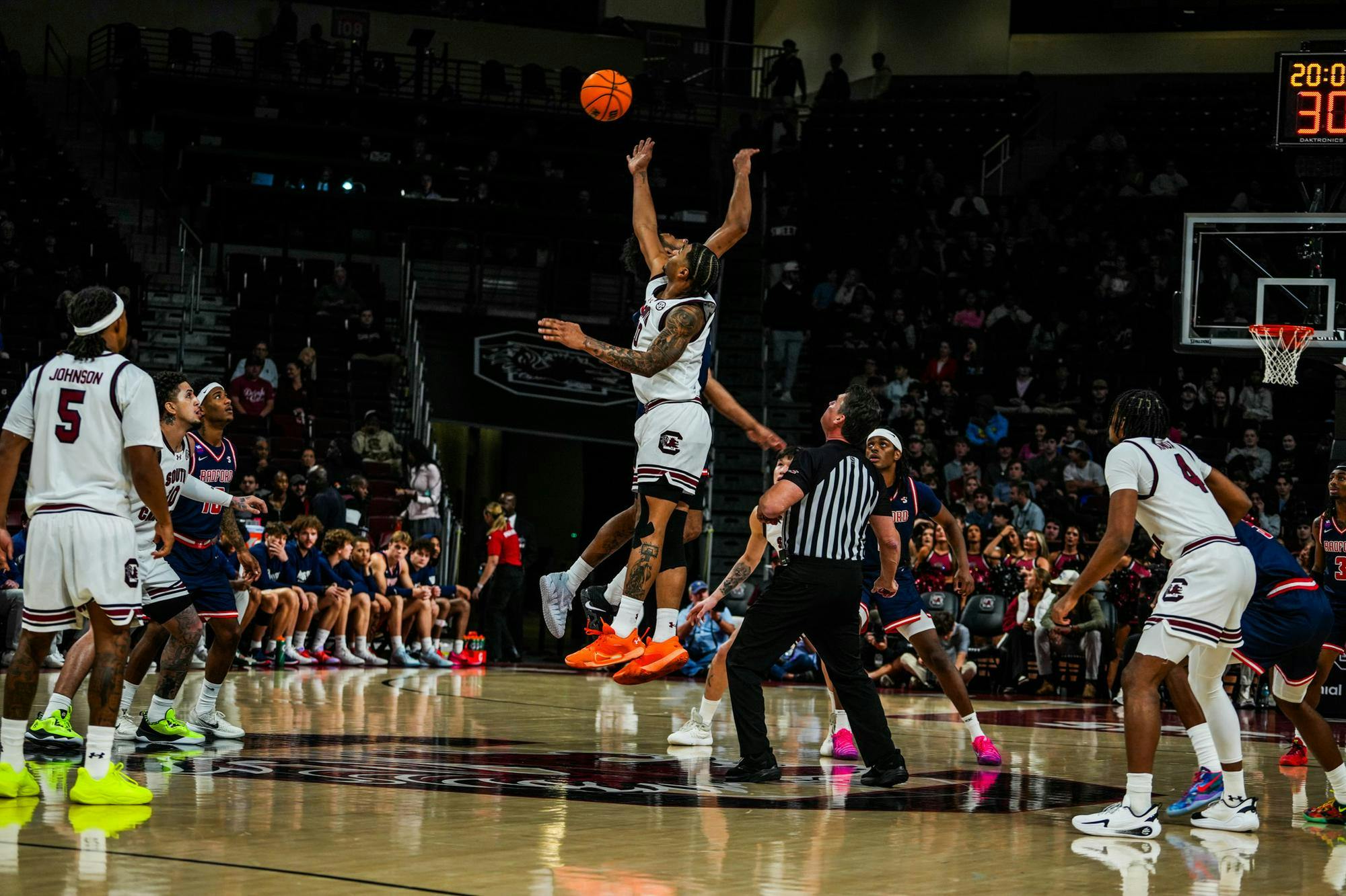 South Carolina men’s basketball wins the opening tip during its matchup against Radford at Colonial Life Arena on Nov. 18, 2025. The Gamecocks looked to establish early momentum as both teams settled into the first half.