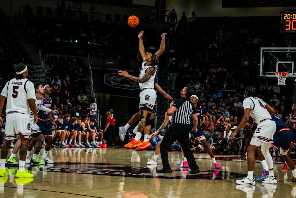 <p>South Carolina men’s basketball wins the opening tip during its matchup against Radford at Colonial Life Arena on Nov. 18, 2025. The Gamecocks looked to establish early momentum as both teams settled into the first half.</p>