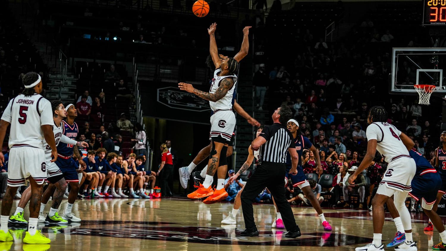 South Carolina men’s basketball wins the opening tip during its matchup against Radford at Colonial Life Arena on Nov. 18, 2025. The Gamecocks looked to establish early momentum as both teams settled into the first half.