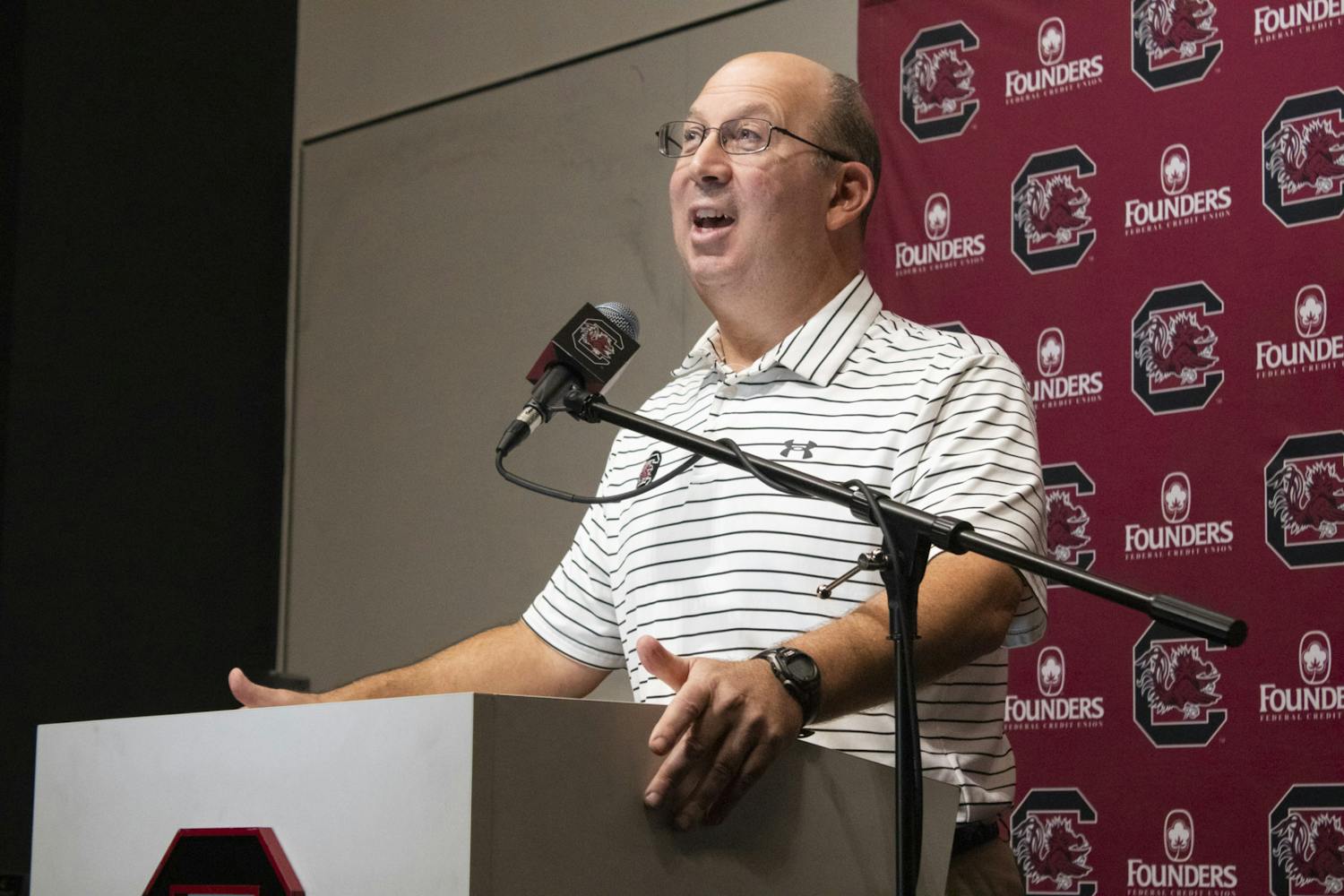 Associate Head Coach and Special Teams Coordinator Pete Lembo speaks at a press conference held at the Cyndi and Kenneth Long Family Football Operations Center on Sept. 27, 2023. The conference discussed player feedback and updates for the 鶹С򽴫ý.