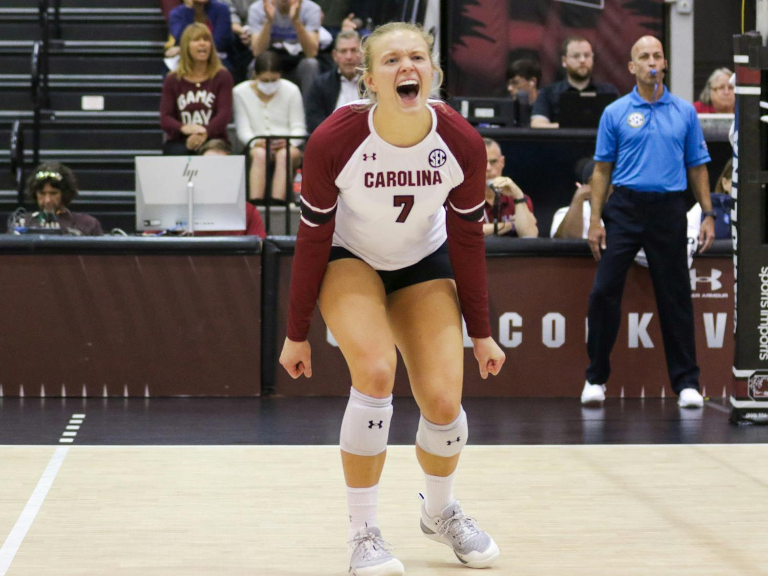 Senior outside McKenzie Moorman celebrates a point at South Carolina’s game against Mizzou on Oct. 1, 2022. Strong defensive play earned the South Carolina volleyball team two victories over conference opponent Missouri this weekend. &nbsp;&nbsp;