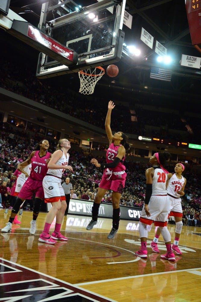 Lady Gamecock A'ja Wilson (22) sinks her third two-pointer into the second quarter of the match against UGA. South Carolina Gamecocks vs Georgia Bulldogs. Colonial Life Arena, Columbia, SC. February 18, 2016