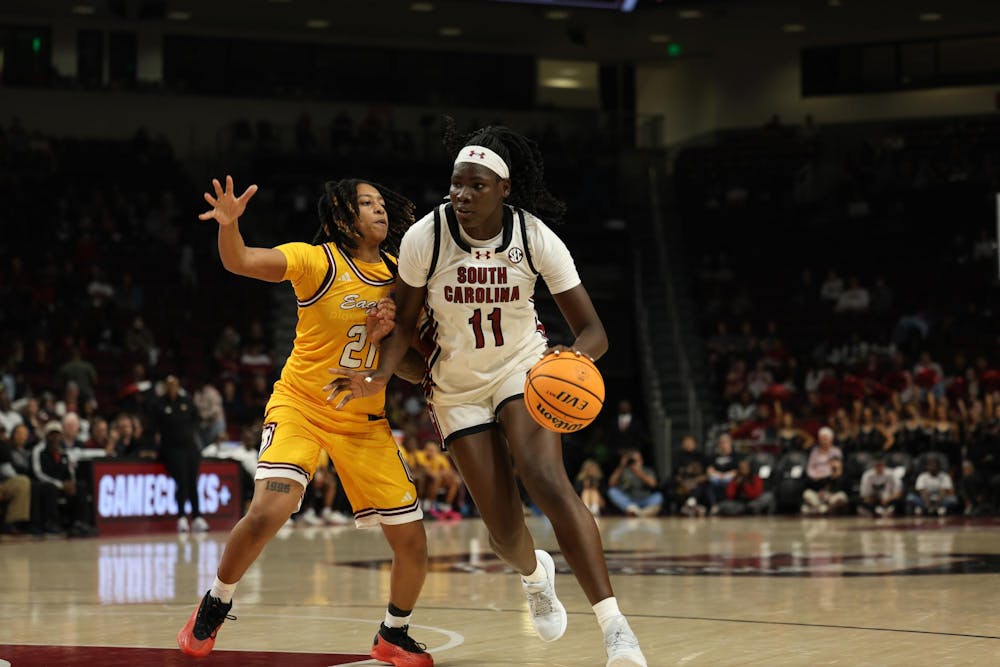 <p>South Carolina senior center Madina Okot goes to the basket against a Winthrop defender at Colonial Life Arena on Nov. 19, 2025.</p>