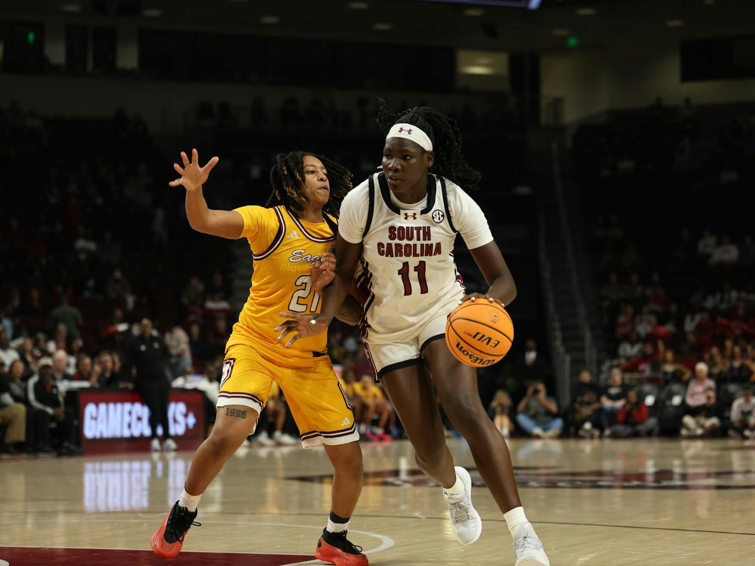 South Carolina senior center Madina Okot goes to the basket against a Winthrop defender at Colonial Life Arena on Nov. 19, 2025.