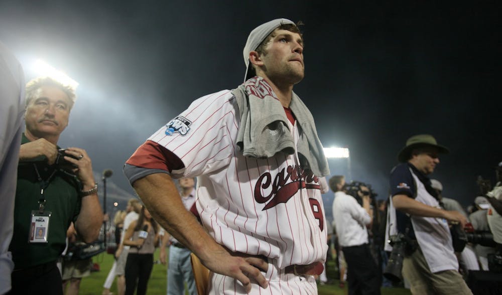 South Carolina Gamecocks' Scott Wingo (8) takes it all in after the Gamecocks win in the 2011 College World Series best-of-three final series against Florida at TD Ameritrade Park in Omaha, Nebraska, on Tuesday, June 28, 2011. South Carolina won their second consecutive NCAA baseball title by beating the Gators, 5-2. (Gerry Melendez/The State/MCT)