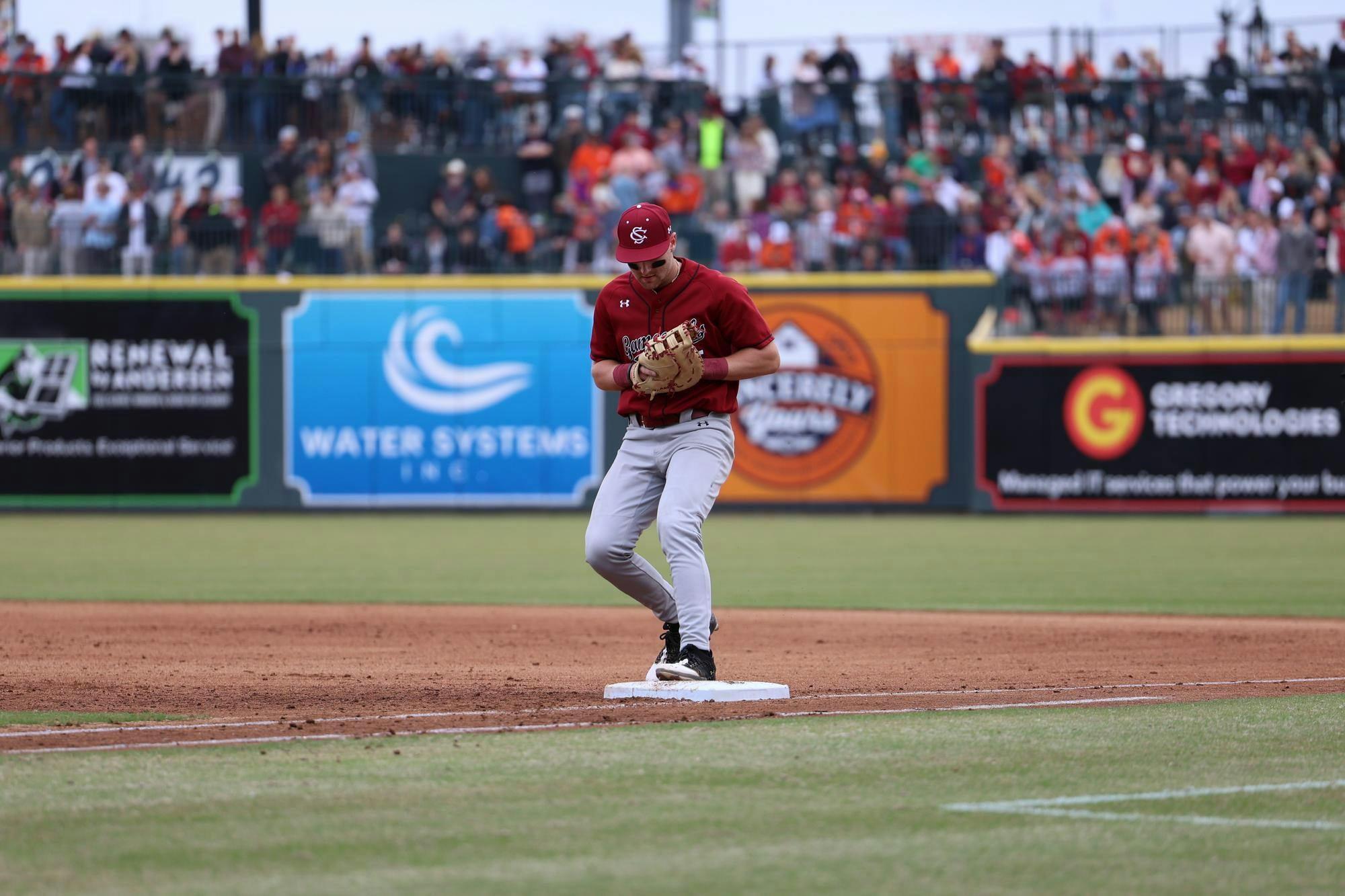 Sophomore first base Beau Hollins steps the on first base to get the runner out agaisnt Clemson University at Segra Park on Feb. 28th 2026. The Gamecocks fell short to the Tigers 4-1.
