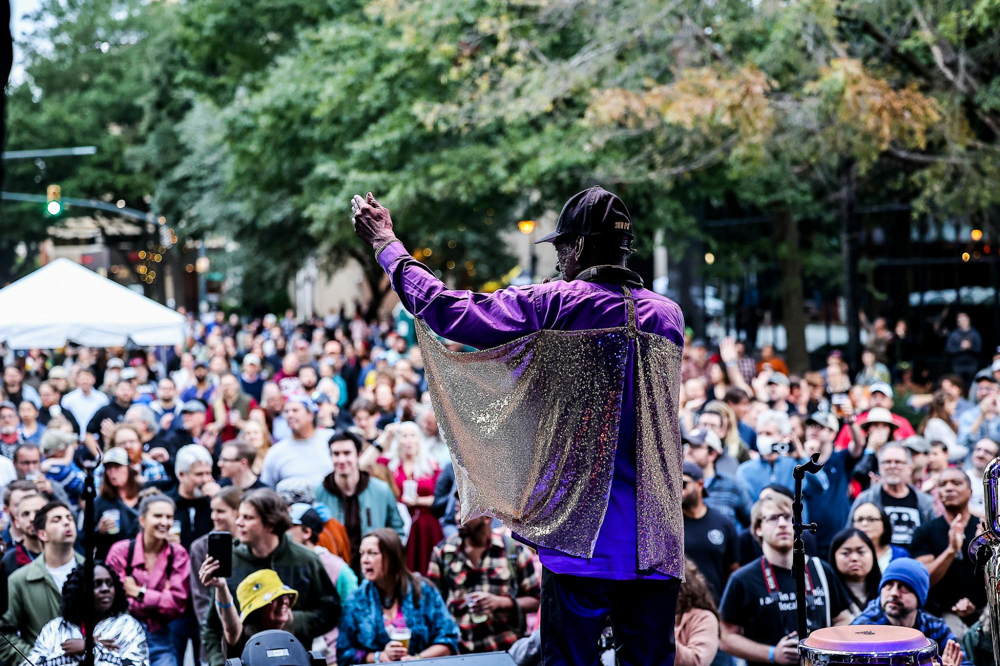 Sun Ra Arkestra's Marshall Allen performs for a lively crowd to kick off the month of October. The Jam Room Music Festival has not occurred since 2020.