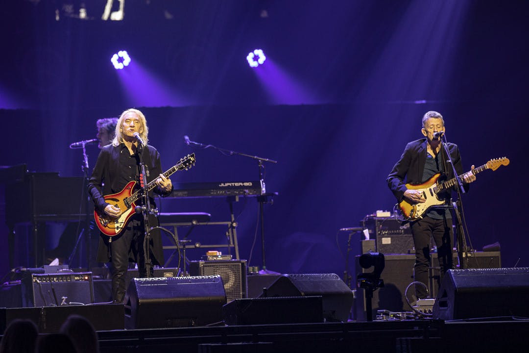 Eagles guitarist Joe Walsh (left) and Steuart Smith (right) perform "New Kid in Town" during the band's "Hotel California" Tour stop at Colonial Life Arena on March 30, 2023. The band performed songs from its "Hotel California" album as well as some of its greatest hits.