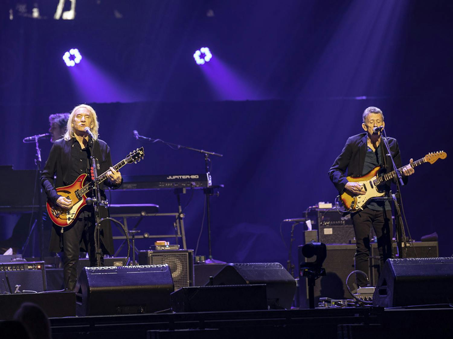 Eagles guitarist Joe Walsh (left) and Steuart Smith (right) perform "New Kid in Town" during the band's "Hotel California" Tour stop at Colonial Life Arena on March 30, 2023. The band performed songs from its "Hotel California" album as well as some of its greatest hits.