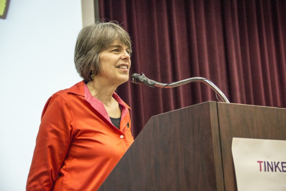 	<p>Mary Beth Tinker, whose landmark Supreme Court win secured First Amendment rights for students, speaks to high school journalists at a South Carolina Scholastic Press Association conference Monday.</p>