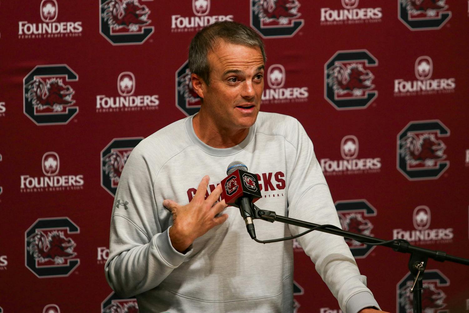 Gamecock football head coach Shane Beamer speaks at the Gamecock Football Operations Center on Oct. 24, 2023. Beamer discussed how the team is preparing for the last away game of the season against Texas A&amp;M.