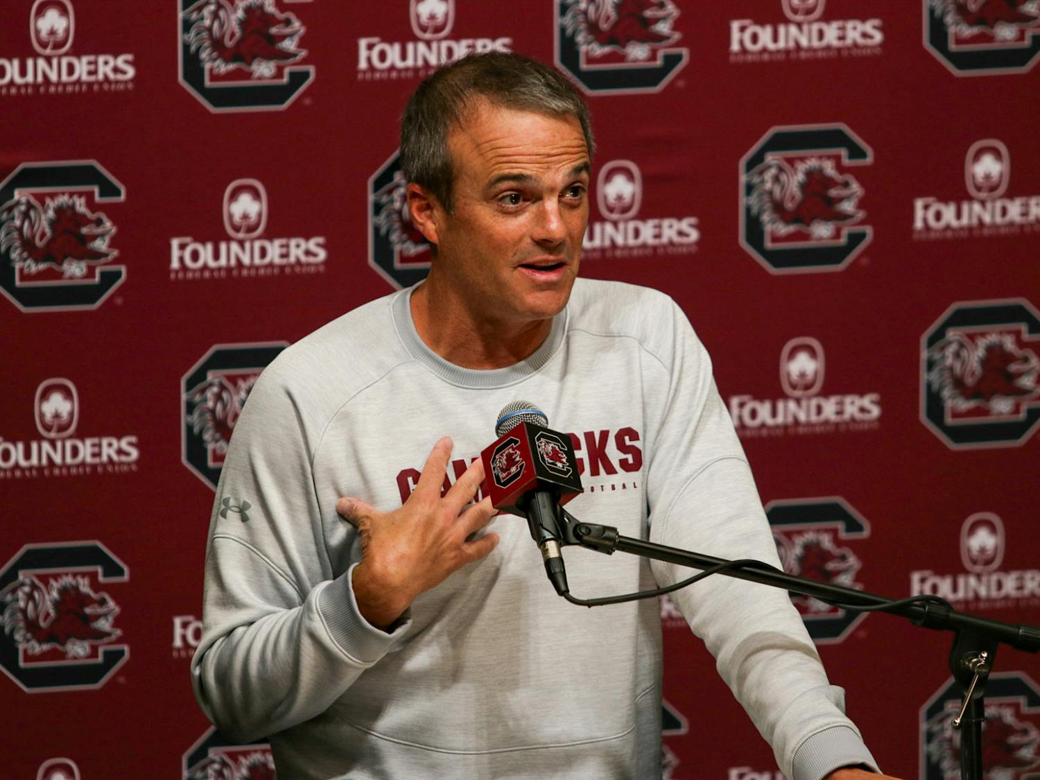 Gamecock football head coach Shane Beamer speaks at the Gamecock Football Operations Center on Oct. 24, 2023. Beamer discussed how the team is preparing for the last away game of the season against Texas A&amp;M.