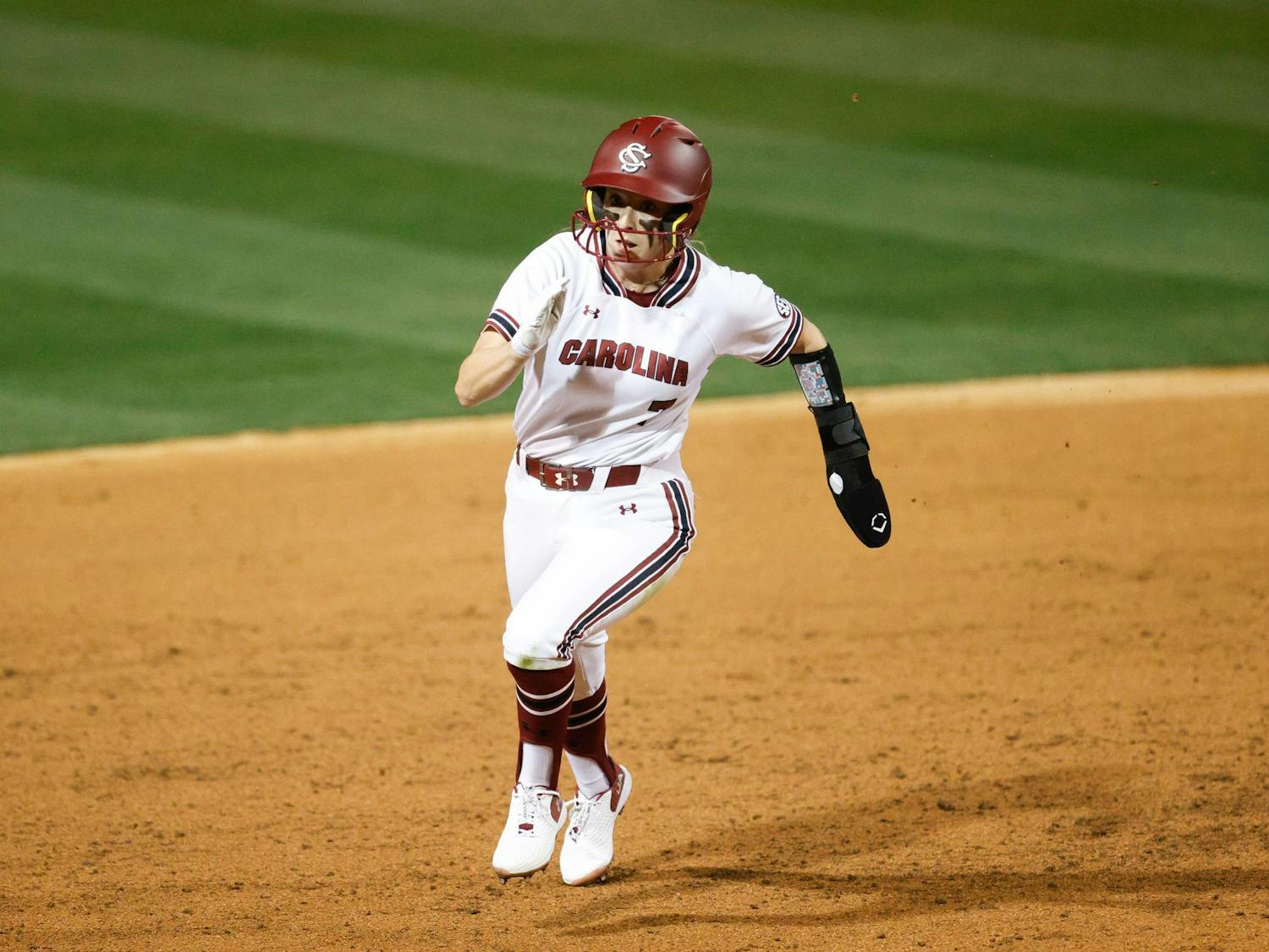 Sixth-year outfielder Abigail Knight runs toward third base during the game against Virginia on Feb. 6, 2025. Knight batted 0.750 and scored one run.