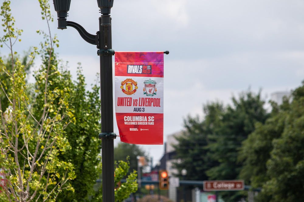 <p>The Liverpool vs. Manchester United promotional banner is hanging on Sumter Street on July 27, 2024. The Liverpool vs. Manchester United game is set to be played at Williams-Brice Stadium on Aug. 2, 2024.</p>