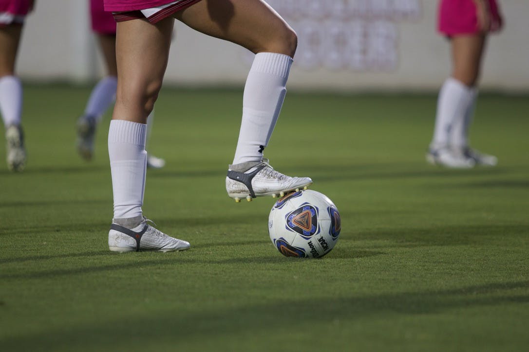 The South Carolina women’s soccer begins a pregame practice session before its match against Texas A&amp;M on Oct. 20, 2022. South Carolina showed support of breast cancer awareness month by wearing pink attire during warmups.