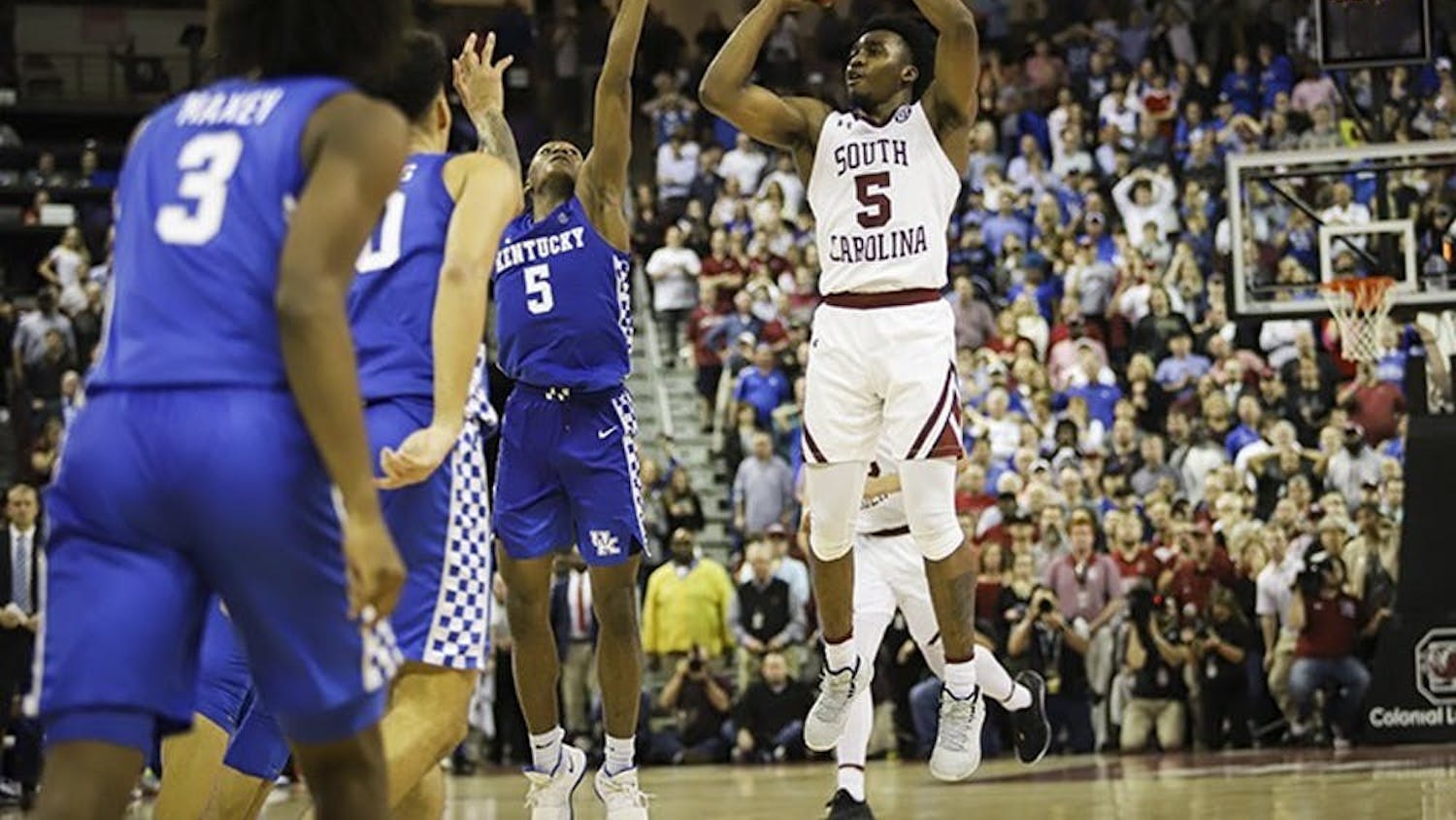 FILE—Redshirt junior guard Jermaine Couisnard shoots a buzzer beater during a game against Kentucky on Jan. 15, 2020 at Colonial Life Arena in Columbia, SC. The Gamecocks beat the Wildcats, 81-78.