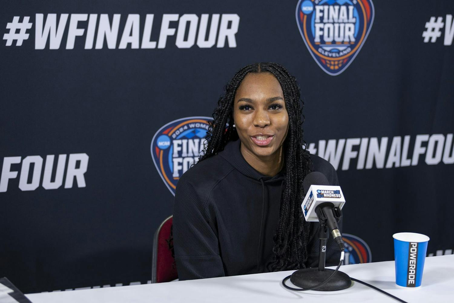 Junior guard Bree Hall speaks to the media on April 6, 2024, at Rocket Mortgage FieldHouse. Hall discussed how the game against the Iowa is the perfect game to finish the "revenge tour" 鶹С򽴫ý.