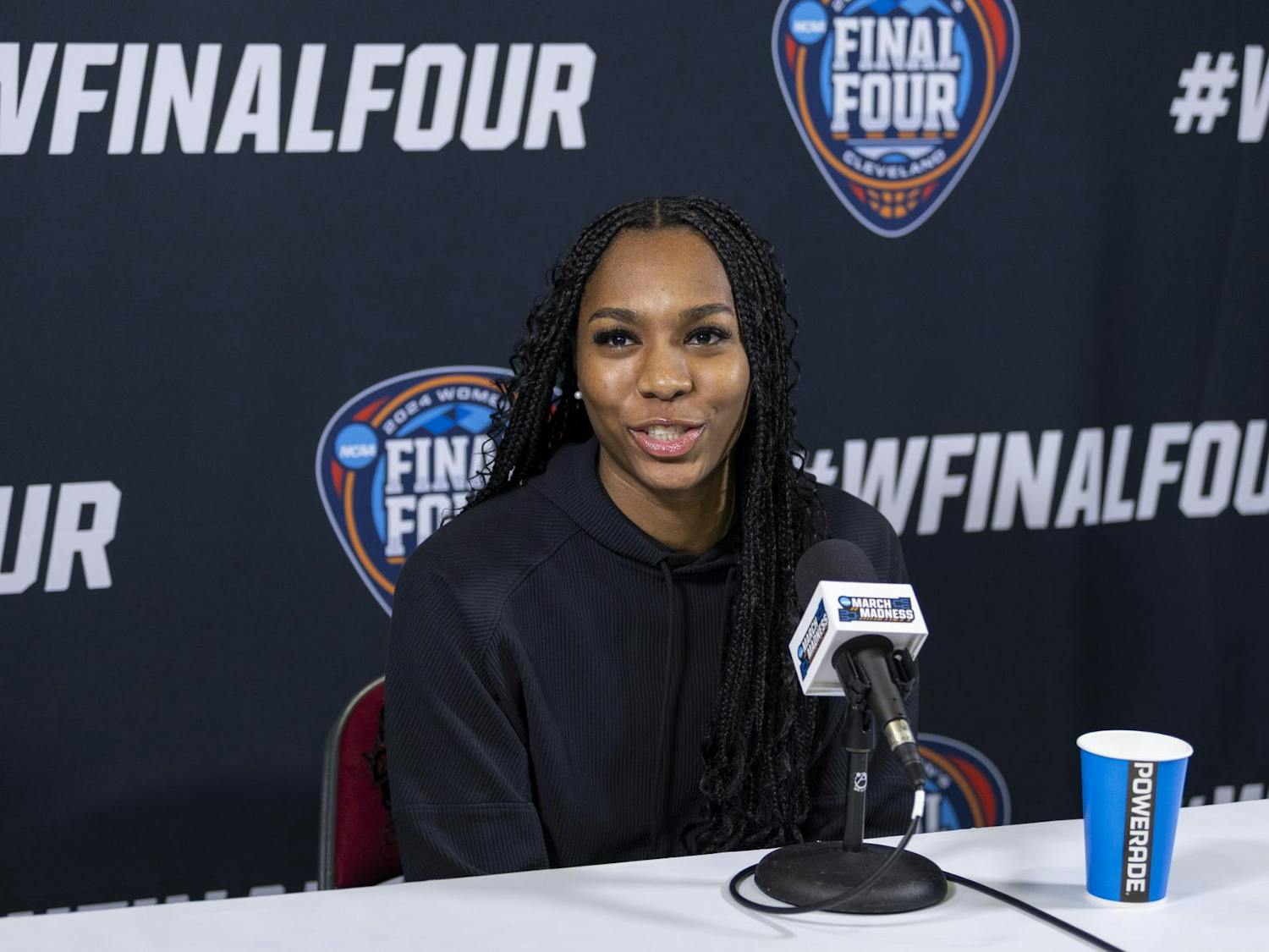Junior guard Bree Hall speaks to the media on April 6, 2024, at Rocket Mortgage FieldHouse. Hall discussed how the game against the Iowa is the perfect game to finish the "revenge tour" season.