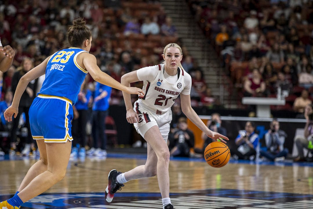 Freshman forward Chloe Kitts attempt to outmaneuver UCLA freshman forward Gabriela Jaquez during the matchup between South Carolina and UCLA at Bon Secours Arena on March 25, 2023. The Gamecocks beat the Bruins 59-43.