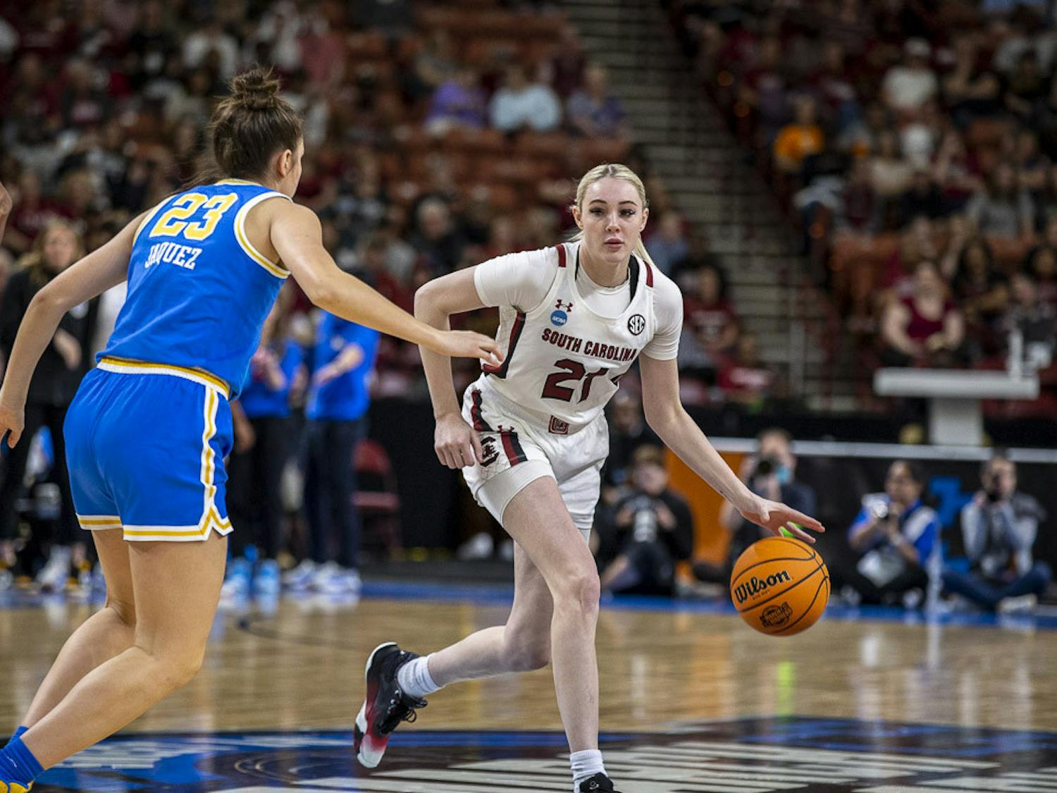 Freshman forward Chloe Kitts attempt to outmaneuver UCLA freshman forward Gabriela Jaquez during the matchup between South Carolina and UCLA at Bon Secours Arena on March 25, 2023. The Gamecocks beat the Bruins 59-43.