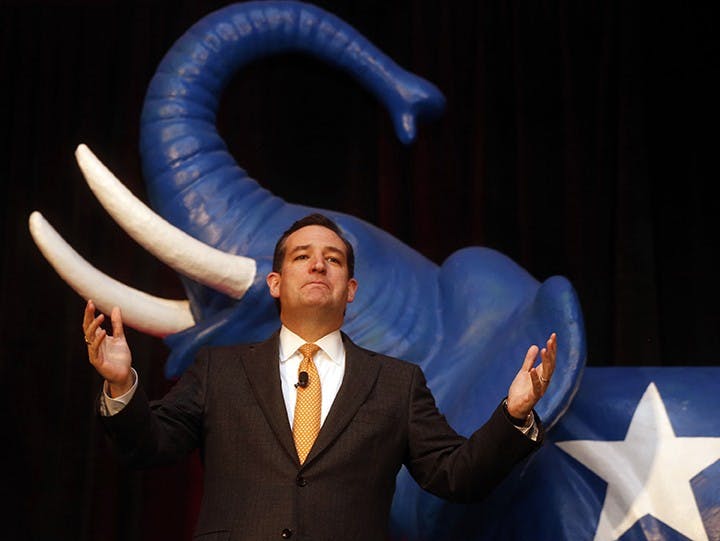 Sen. Ted Cruz (R-Texas) speaks at the Denton County Republican Party&apos;s annual dinner at the Hyatt Regency DFW Airport, on Saturday, Feb. 1, 2014, near Dallas. (Michael Ainsworth/Dallas Morning News/MCT)
