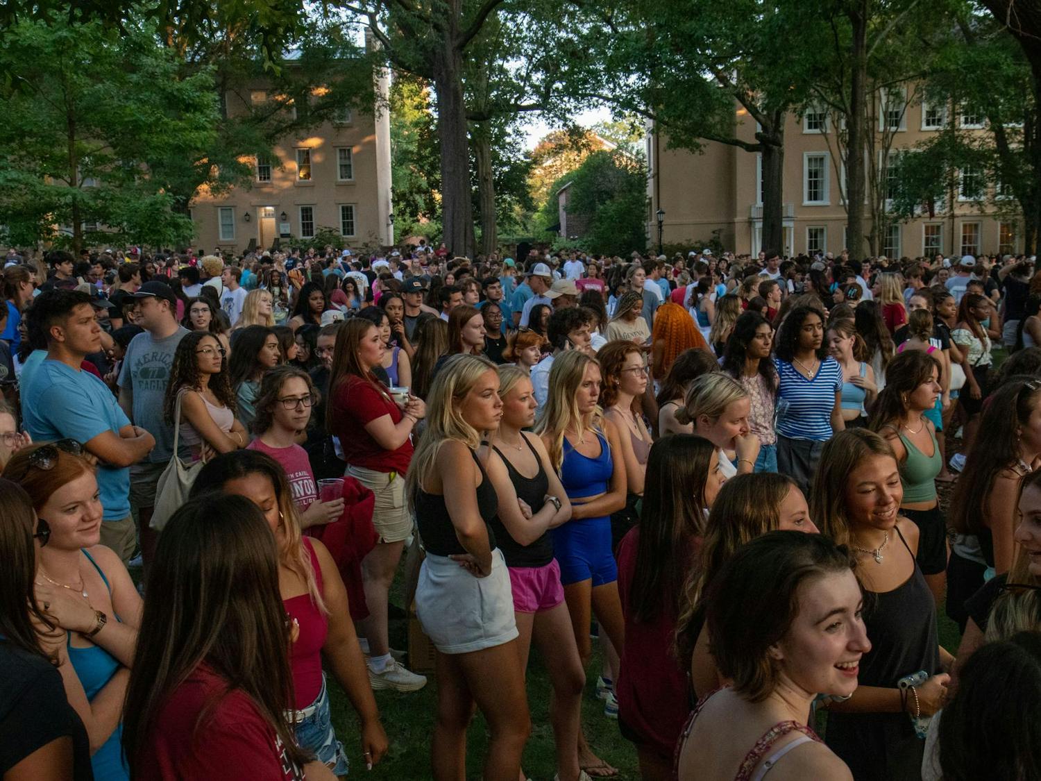 Students at the University of South Carolina gather on the Horseshoe for the start of First Night Carolina events on Aug. 23, 2023. Head football coach Shane Beamer and USC President Michael Amiridis spoke to students about the 2023-24 school year.