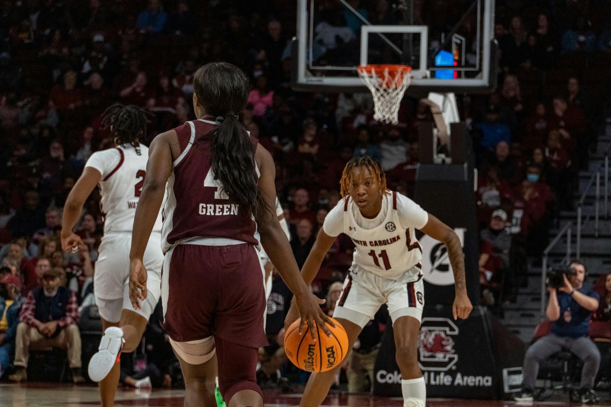 Freshman guard Talaysia Cooper guards against a Texas A&amp;M forward to halt her opponent’s drive to the basket on Dec. 29, 2022. The Gamecocks defeated the Aggies 76-34 in its SEC-opener. &nbsp;