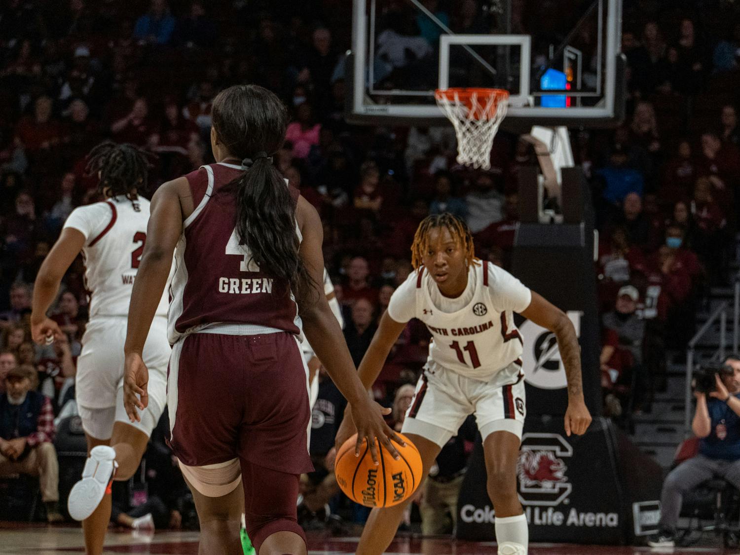 Freshman guard Talaysia Cooper guards against a Texas A&amp;M forward to halt her opponent’s drive to the basket on Dec. 29, 2022. The Gamecocks defeated the Aggies 76-34 in its SEC-opener. &nbsp;