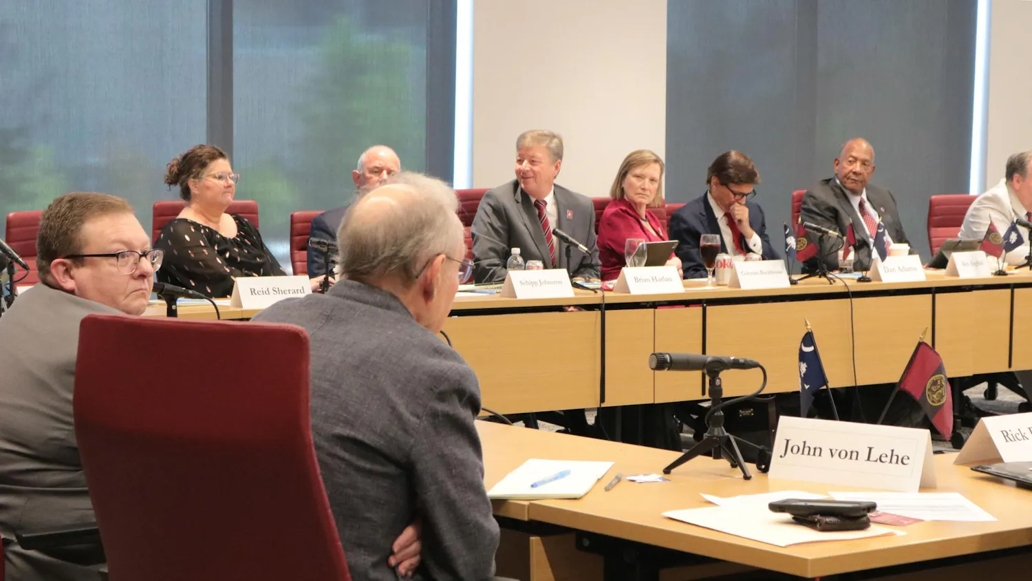 Members of the board of trustees conduct a meeting on April 24, 2026. The board consists of 31 elected members who meet periodically throughout the school year to discuss matters of the university.