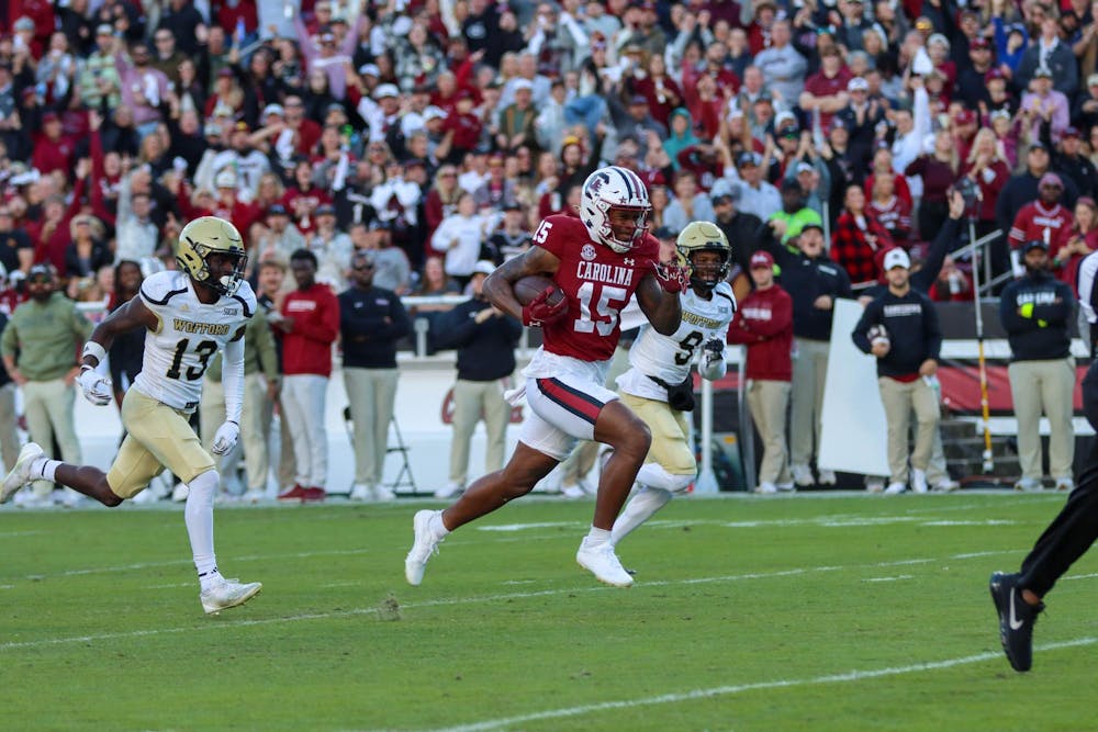 <p>Sixth-year wide receiver Dalevon Campbell breaks free from the Wofford Terriers and heads towards the end zone during the game on November 23rd, 2024. The win over the Terriers signifies the fifth straight win for the Gamecocks.</p>