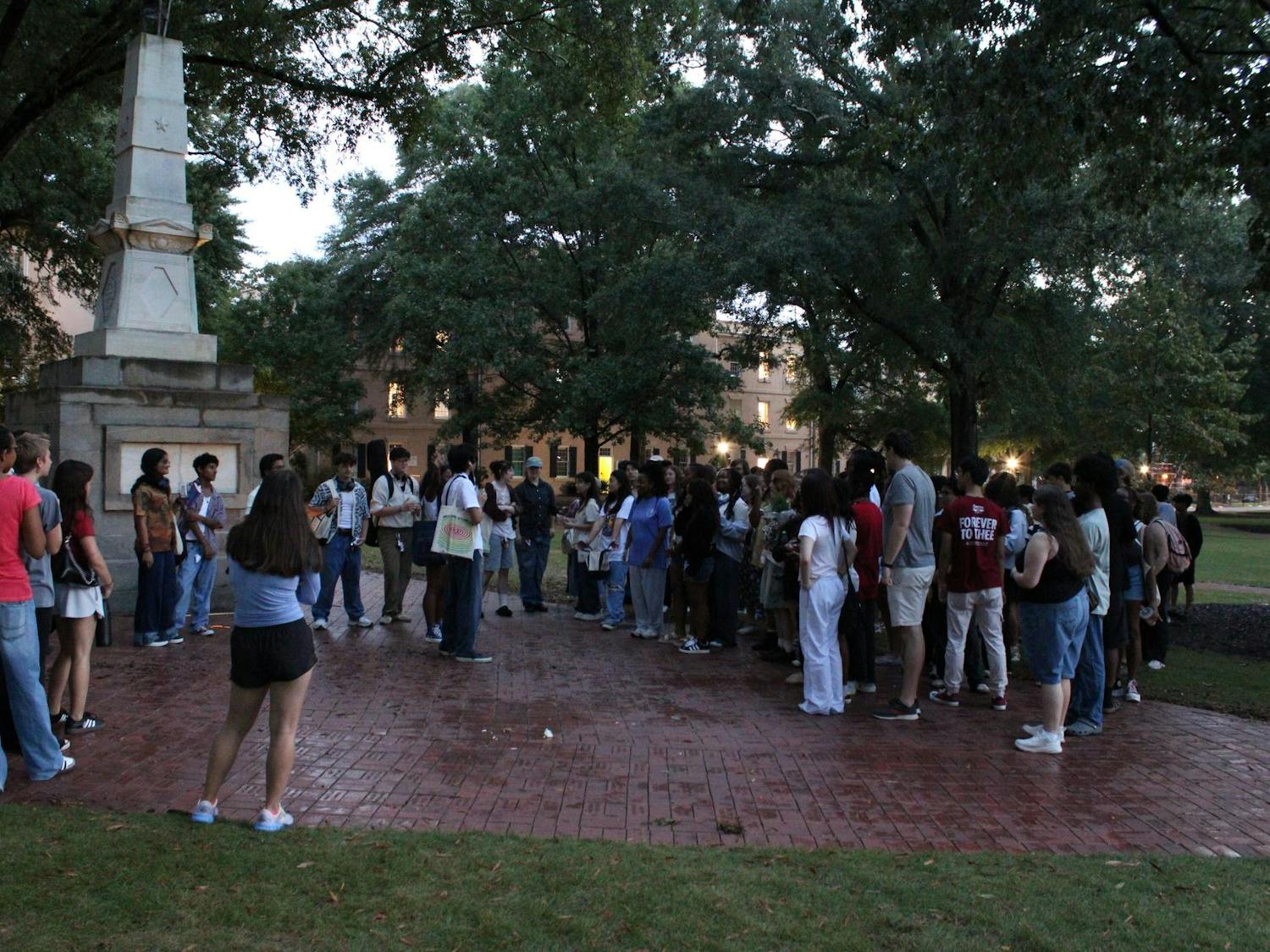 The crowd flocks around first-year jazz studies student Santi Balagtas as he is declared the winner of the Performative Male Contest. This event was organized by third-year supply chain operations student Morgan Thomas, and it was held at the Horseshoe on Sept. 20, 2025.