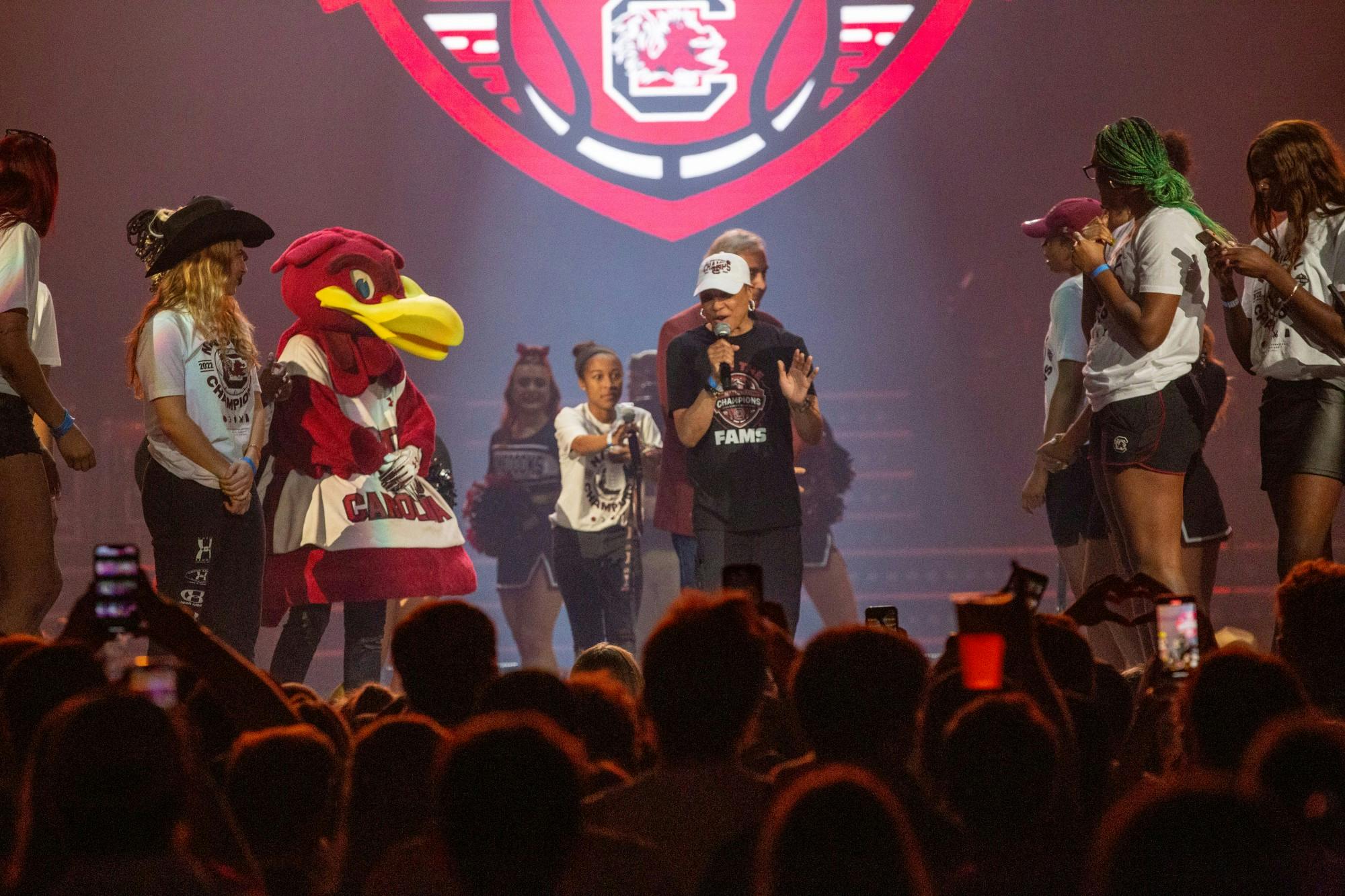South Carolina women’s basketball head coach Dawn Staley speaks to the crowd of students at the Darius Rucker concert at Colonia Life Arena on April 24, 2022. The concert was held as a celebration for the women's basketball team.