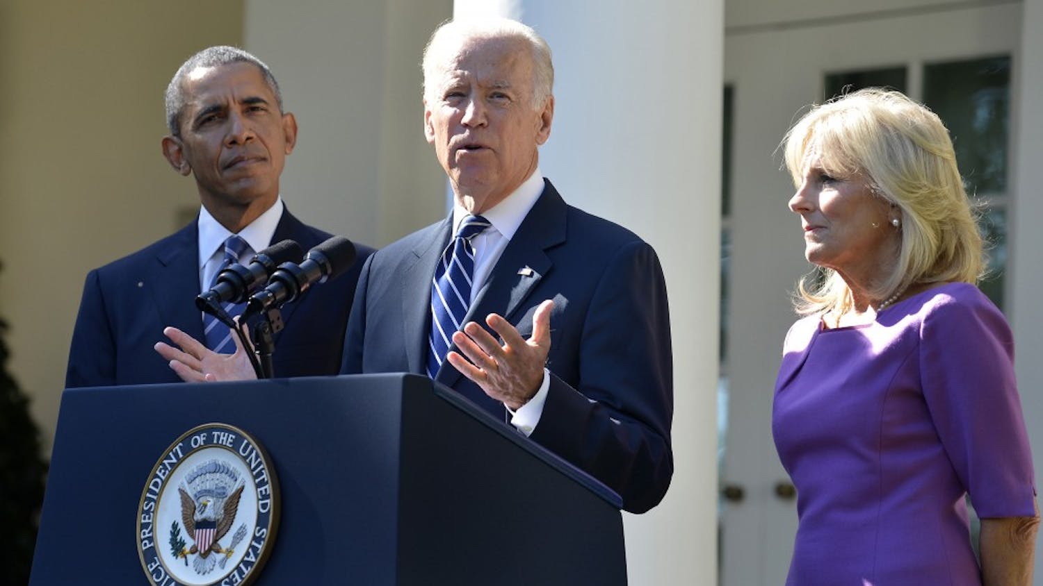 U.S. Vice President Joe Biden announces he will not be seeking the Democratic presidential nomination in 2016 as his wife Dr. Jill Biden and President Barack Obama listen on in the Rose Garden of the White House on Wednesday, Oct. 21, 2015. (Mike Theiler/CNP/Zuma Press/TNS)
