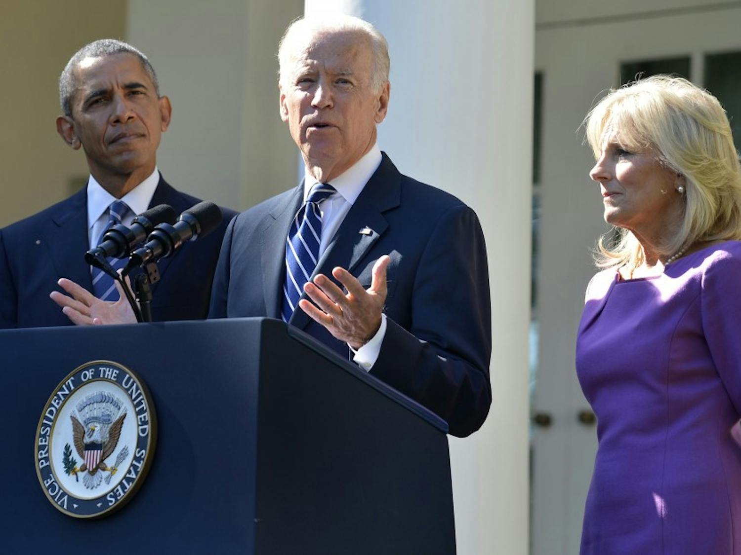 U.S. Vice President Joe Biden announces he will not be seeking the Democratic presidential nomination in 2016 as his wife Dr. Jill Biden and President Barack Obama listen on in the Rose Garden of the White House on Wednesday, Oct. 21, 2015. (Mike Theiler/CNP/Zuma Press/TNS)